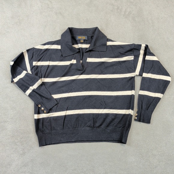 Truth by Republic Sweater Large Womens Black Tan Striped Polo V-Neck Gold Button — photo 2